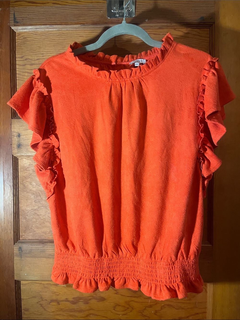 Women's Orange Ruffle Sleeve Blouse with Smocked Hem
